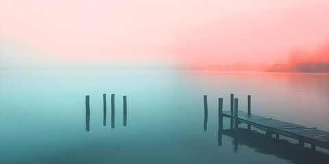 Wall Mural - Misty Dawn on the Lake:  A serene and ethereal view of a wooden pier extending into a misty lake, bathed in the soft glow of a pink and blue sunrise. The scene evokes tranquility and peace.