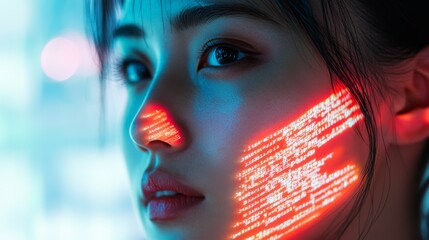 Portrait of Asian Female Startup Digital Entrepreneur Working on Computer, Line of Code Projected on His Face and Reflecting. 