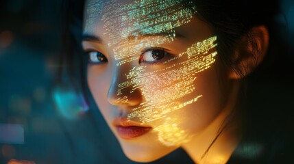 Portrait of Asian Female Startup Digital Entrepreneur Working on Computer, Line of Code Projected on His Face and Reflecting. 