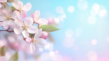spring background with a blooming apple tree flowers against bright blur bokeh background