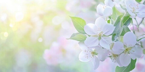 Spring background with a blooming apple tree flowers against bright blur bokeh background