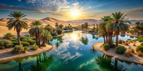 Wall Mural - Serene Oasis in the Heart of a Barren Desert Landscape with Lush Palm Trees and Crystal Clear Water, Capturing Nature's Beauty and Tranquility in Stunning Detail.