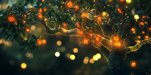 Wall Mural - enchanted tree of light: a mystical tree branches out, its leaves adorned with glowing, ethereal orb