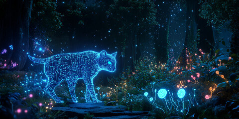 Wall Mural - Mystical Forest: A luminous bobcat, rendered in shimmering, ethereal light, emerges from the depths of a magical forest, surrounded by glowing mushrooms and twinkling stars.