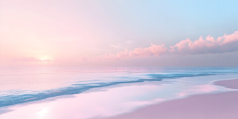 Poster - Pastel Sunset Beach: A serene and dreamy seascape bathed in soft pastel hues. The sun dips below the horizon, casting a warm glow on the gentle waves and sandy shore.