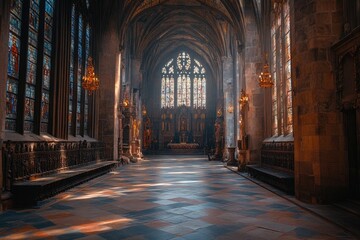 Sunlight illuminating stained glass windows in gothic church interior