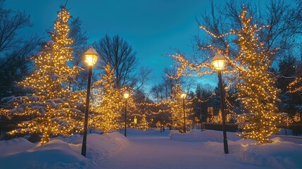 Wall Mural - A festive winter scene of snow-covered trees glowing with Christmas lights against a brilliant blue sky