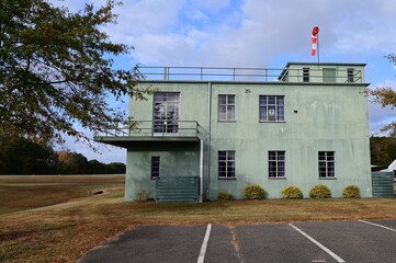 World War Two control tower at a grass airstrip in Virginia. 