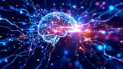 Wall Mural - digital representation of a human brain with interconnected neural networks, symbolizing the complex