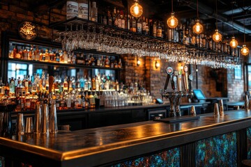 Wall Mural - Against a blurred kitchen backdrop, the wooden table can be decorated to your liking. The kitchen features dark, moody decor and furniture.