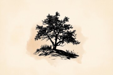 Wall Mural - A solitary tree on a hill drawn in fine black lines on a warm beige background.