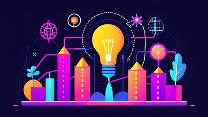 Global inflation, digital economy system, neon network of business programs and activities, flat design illustration