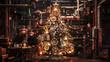 © 18042011 - Steampunk Christmas tree adorned with gears in industrial setting, festive holiday, mechanical design, unique decor, warm lighting, holiday season concept