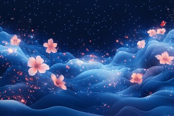 Wall Mural - Glowing pink flowers on blue, magical, dreamy hills.