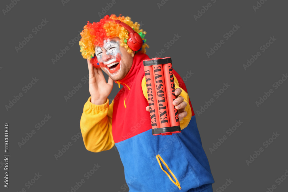 Young man as crazy clown in headphones with dynamite laughing on black background