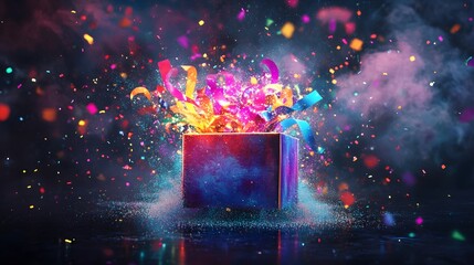 Gift box exploding with colorful ribbons and confetti in a vibrant, celebratory scene.