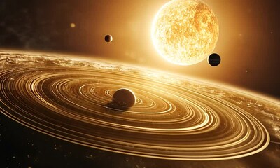 Wall Mural - Celestial scene depicting a sun and orbiting planets.