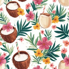 Sticker - Tropical Coconut Drinks Pattern Seamless pattern