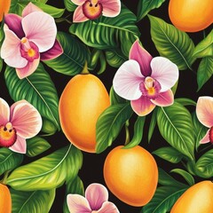 Sticker - Tropical Fruits and Orchids Seamless Pattern Seamless pattern