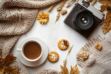 Wall Mural - Hello Autumn flat lay background. Top view of workspace or office desk with vintage photo camera, sweater, cup of coffee, honey cookies, flowers and gold ears of wheat on textured, Generative AI