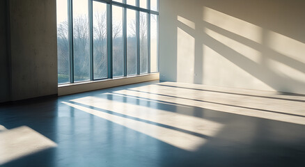 Wall Mural - sunlight casting geometric shadows in a minimalist indoor space with concrete flooring and a large w