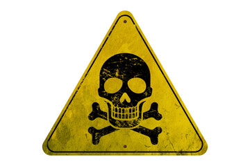 set of signs warning of the danger of high voltage with a skull on yellow danger warning sign.