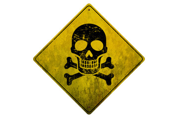 set of signs warning of the danger of high voltage with a skull on yellow danger warning sign.