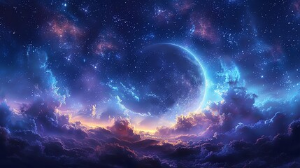 Wall Mural - Dreamlike celestial landscape with crescent moon, vibrant nebulae, and swirling clouds.