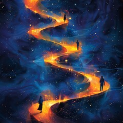 Wall Mural - Figures walk cosmic path, glowing, winding road through nebula.