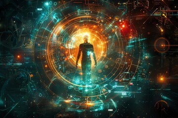 Wall Mural - Futuristic figure in glowing portal.