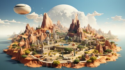 Wall Mural - futuristic island city with unique architecture under a large planet.
