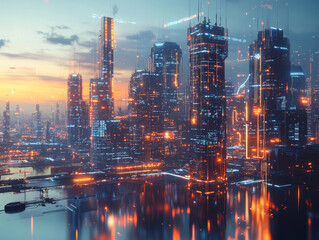 Wall Mural - Futuristic city skyline with glowing buildings and digital elements