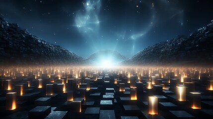 Wall Mural - glowing cubes landscape under night sky.