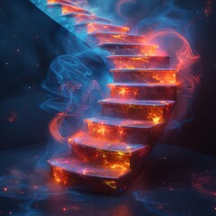 Wall Mural - Glowing fiery stairs ascending into smoky, ethereal space.