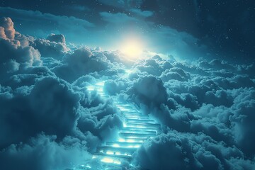 Wall Mural - Glowing staircase ascending into a dreamy night sky above clouds.