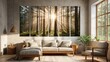 © TheStoodio - Nature-themed wall art mockup with radiant forest panels in a stylish bedroom setting.