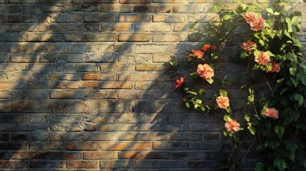 Wall Mural - Sunlit brick wall with climbing flowers.