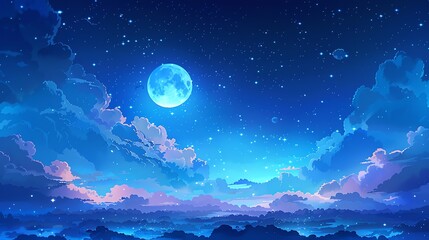 Wall Mural - night sky with full moon, stars, and clouds.