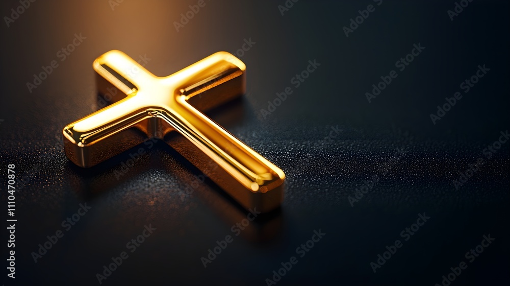 Golden cross with sharp edges, glistening on a pure black backdrop ...
