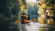 © Junior - A family rowing a canoe across a calm river surrounded by tall, green trees. The parents paddle in unison while the children watch the water ripple with excitement. The serene activity reflects