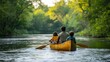 © Junior - A family rowing a canoe across a calm river surrounded by tall, green trees. The parents paddle in unison while the children watch the water ripple with excitement. The serene activity reflects
