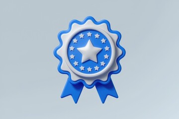 Aufkleber - A 3D rendered blue award badge with a white star and ribbon  signifying achievement and excellence.