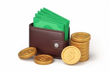 Aufkleber - Brown leather wallet with cash and gold coins  symbolizing wealth and finance.