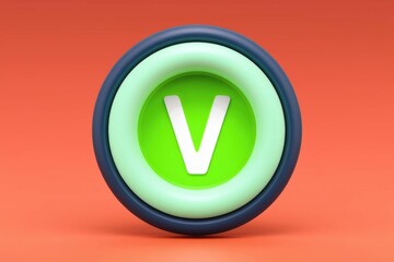Fototapete - A 3D render of a vibrant green button featuring a white capital V against a coral background.