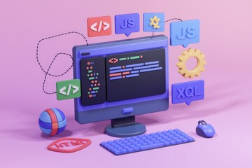 Fototapete - Computer screen with code and programming symbols in 3D.