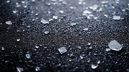 Broken glass splinters on the asphalt ground, shattered glass from a car crash or window, background