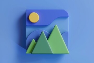 Fototapete - A stylized 3D image depicting a landscape with mountains  sky  and sun.
