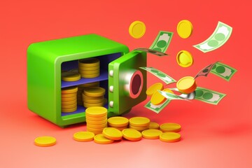 Aufkleber - A green safe overflows with gold coins and dollar bills  symbolizing wealth and financial success.