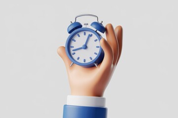 Leinwandbilder - A cartoon hand holds a blue alarm clock  symbolizing time management and punctuality.