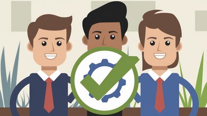 Aufkleber - Diverse team completes project with checkmark and gear symbol.